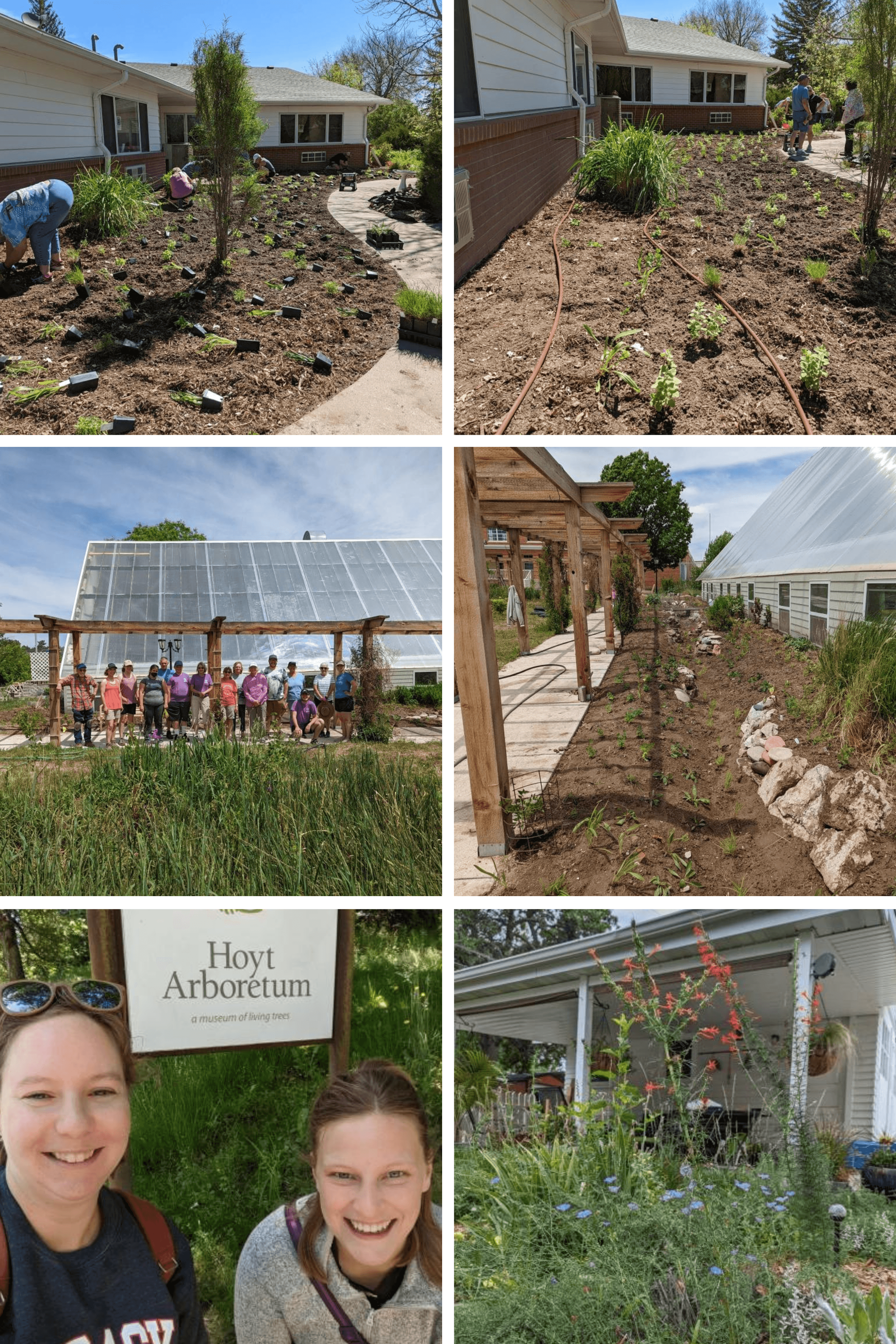 A newly planted garden at Hemingford Community Care Center. A group of volunteers and NSA staff in front of the Community Evergreen House in Gering. Sarah and Hanna in front of the sign for Hoyt Arboretum in Portland. Colorful plants in a yard.