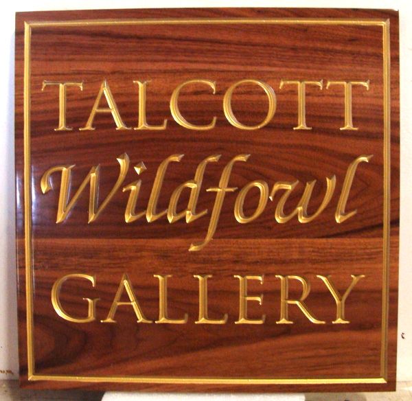 SA28001 - Engraved African Mahogany Sign for a Wildfowl Art Gallery, with 24K Gold-leaf Gilded Text