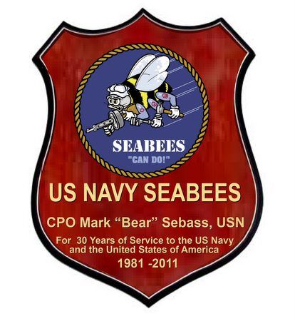 JP-2260 - Carved Shield Plaque of Seabees Logo,  Artist Painted on Mahogany Wood