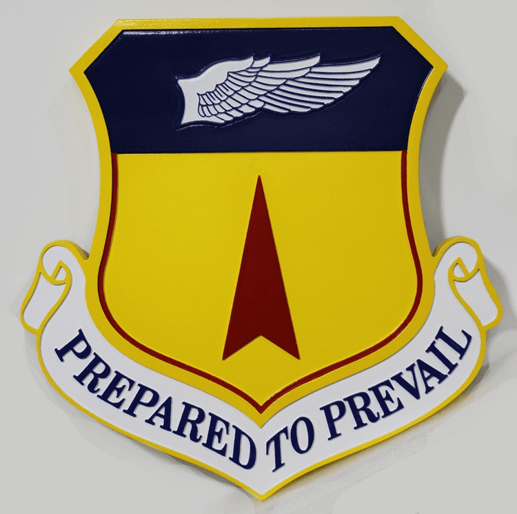 LP-3022 - Carved 2.5-D Multi-Level Raised Relief HDU Plaque of the Crest of a USAF Combat Squadron "Prepare to Prevail"