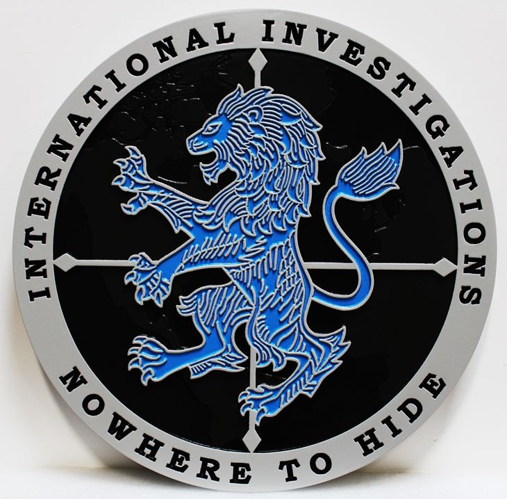 AP-2553 - Carved HDU Plaque of the Seal / Emblem of International Investigations,  Artist-Painted Rampant Lion as Artwork