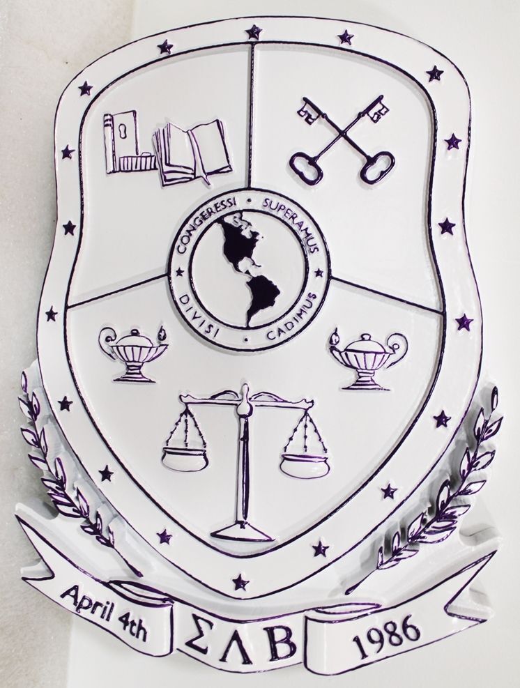 XP-3481 - Carved 2.5-D Raised Outline Relief HDU Plaque of the Coat-of-Arms for Sigma Lambda Beta Fraternity, with Books, Keys and Scale of Justice