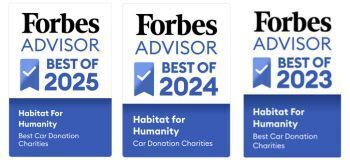 Image showing "Forbes Advisor Best of 2023, 2024, and 2025 Habitat for Humanity Car Donation Charities"