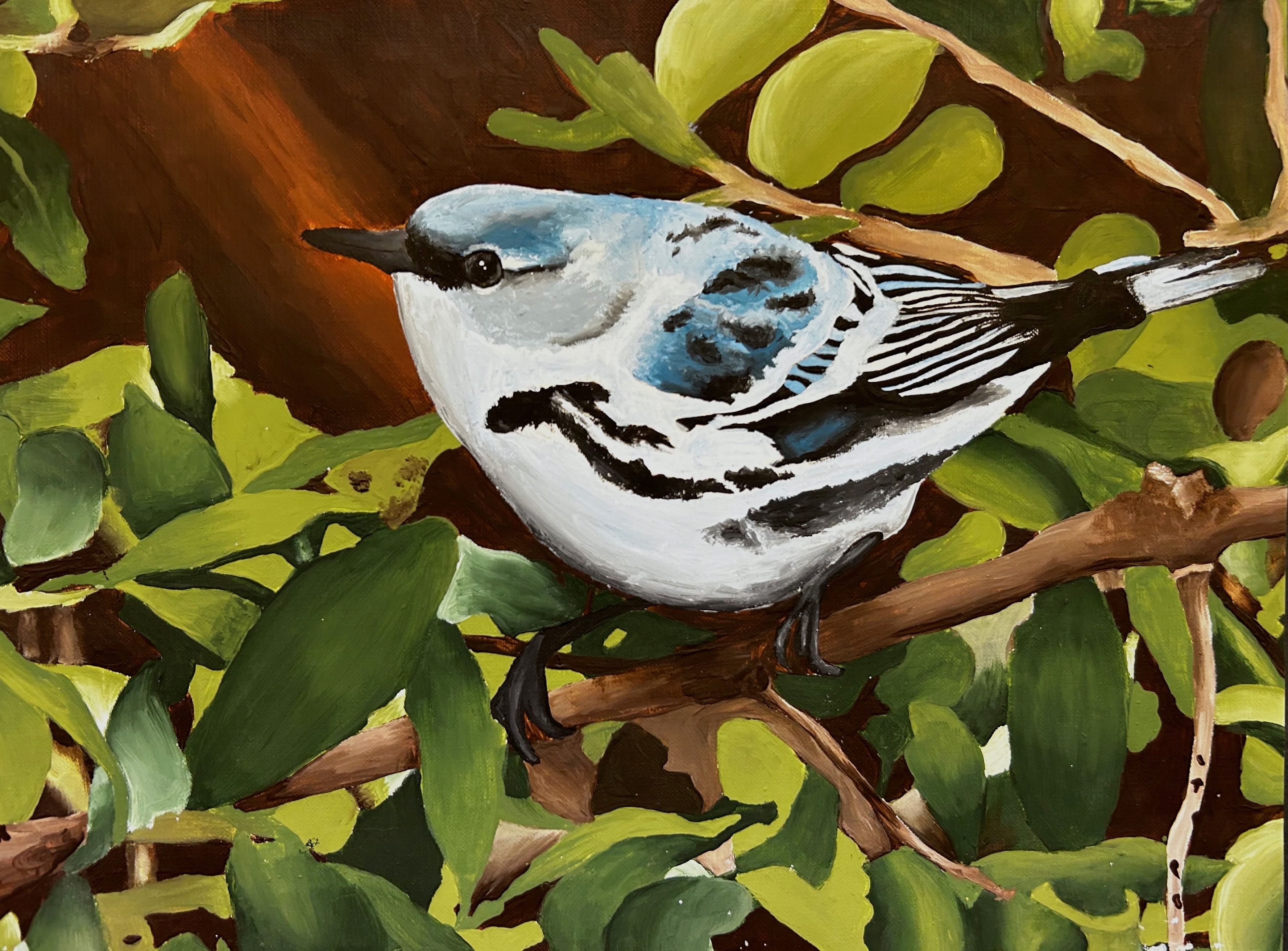 A closeup painting of a Cerulean Warbler perched on a leafy branch