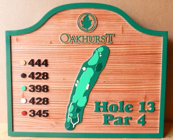  E14417 – Carved Cedar Wood Golf Tee Sign for Oakhurst Country Club, with Fairway Map