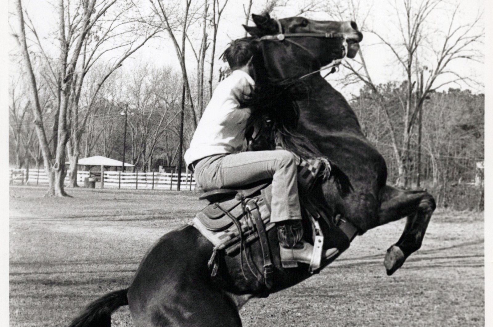 Bill Jones riding a horse on the BGHNC farm in the 1960s.