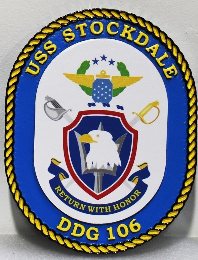 JP-1303 -  Carved 2.5-D HDU Plaque of the Crest of the USS Stockdale, DDG 106, US Navy Destroyer