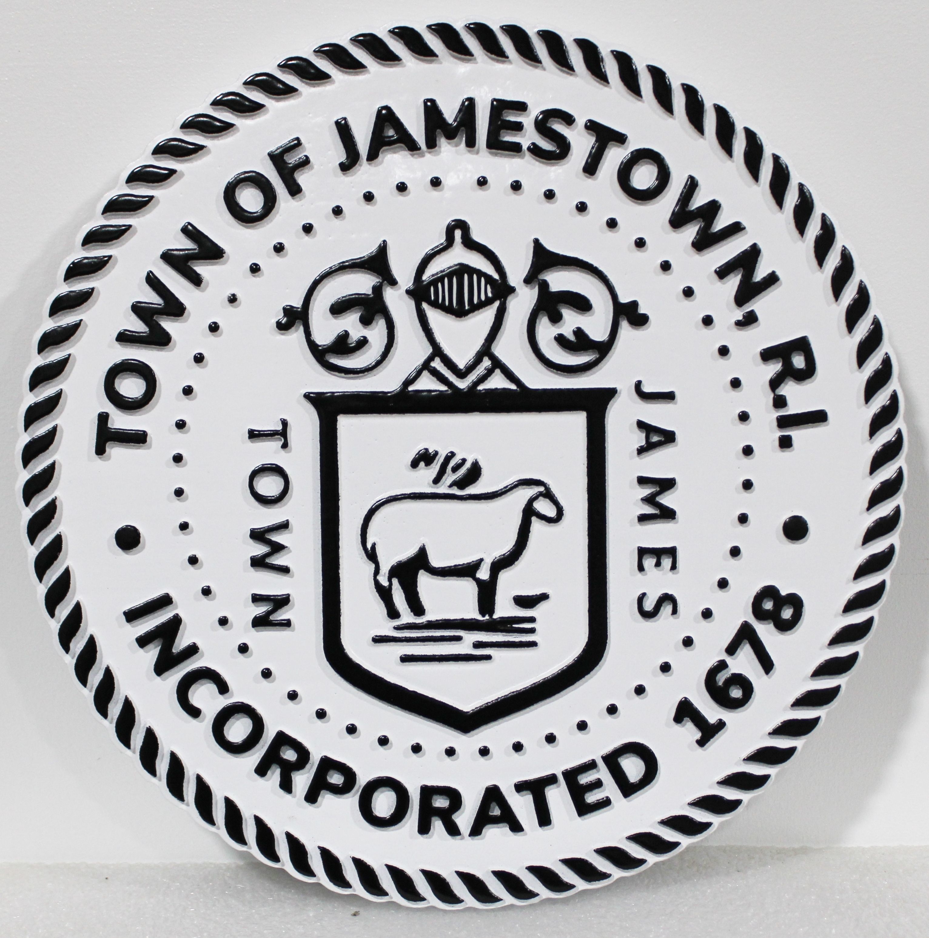 DP-1577 - Carved HDU Plaque of the Seal of the Town of Jamestown, Rhode Island