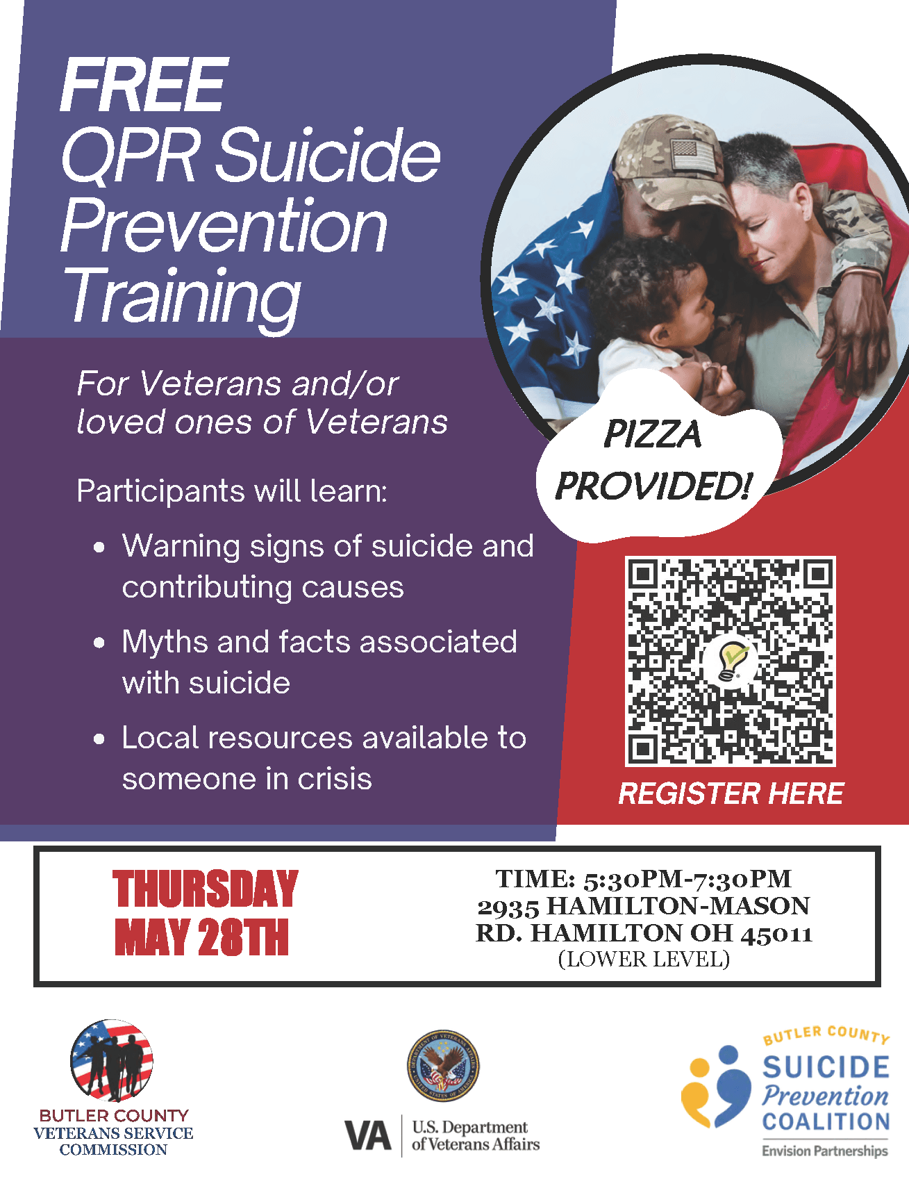 This cost-free QPR Training is presented in partnership with the Butler County Veteran's Commission.