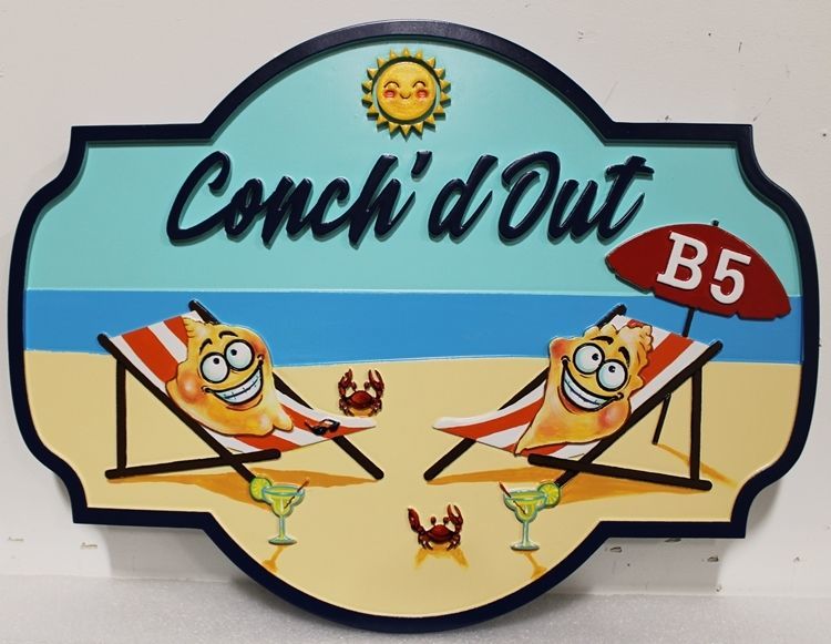 L21033 -  Carved  2.5-D HDU  Beach House Name Sign "Conch'd Out", with Two Conch Figures Relaxing in Lounge Chairs  on the Beach as Artwork