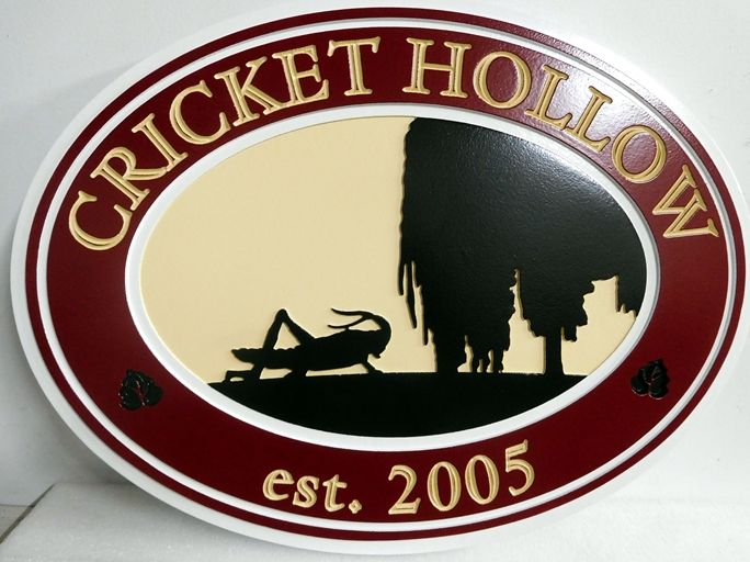 I18793 - Carved 2.5D Property Name Sign "Cricket Hollow", with a Cricket Under a Tree as Artwork