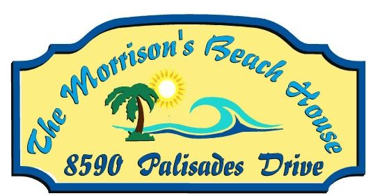 L21170 -Name and Address Sign for Beach House with Sun, Palm Tree  and Stylized Wave 