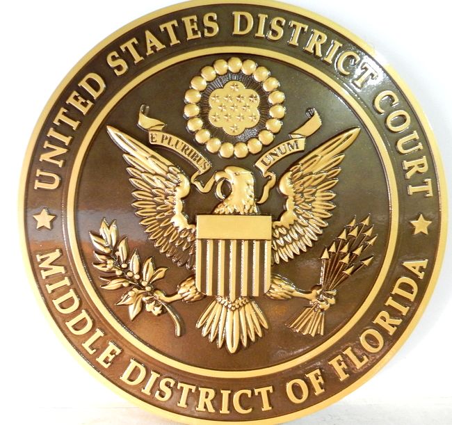 U30136 - 3-D Bas-Relief Polished  Brass Wall Plaque for United States District Court Judge, with Dark Bronze Background
