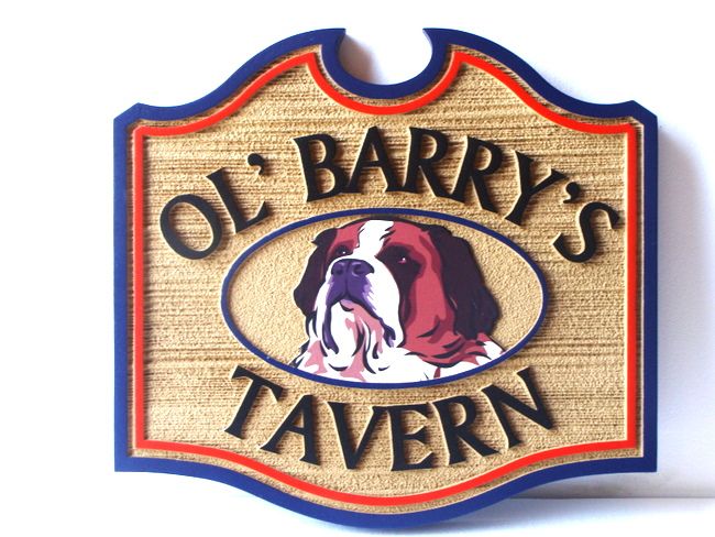 RB27564 -  Carved and Sandblasted HDU  Sign for "Ol' Barry's Tavern", with St. Bernard and Cask