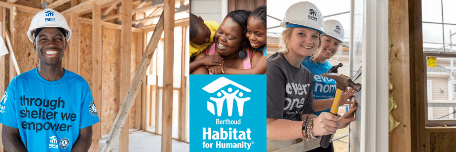 Pictures of volunteers and a homeowner with her kids