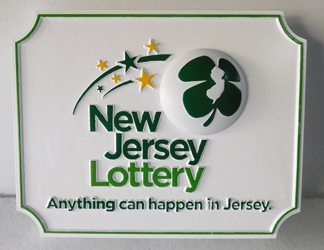 SA28802 -  Carved  HDU  Sign for the "New Jersey Lottery" , with Shooting Stars and Shamrock 