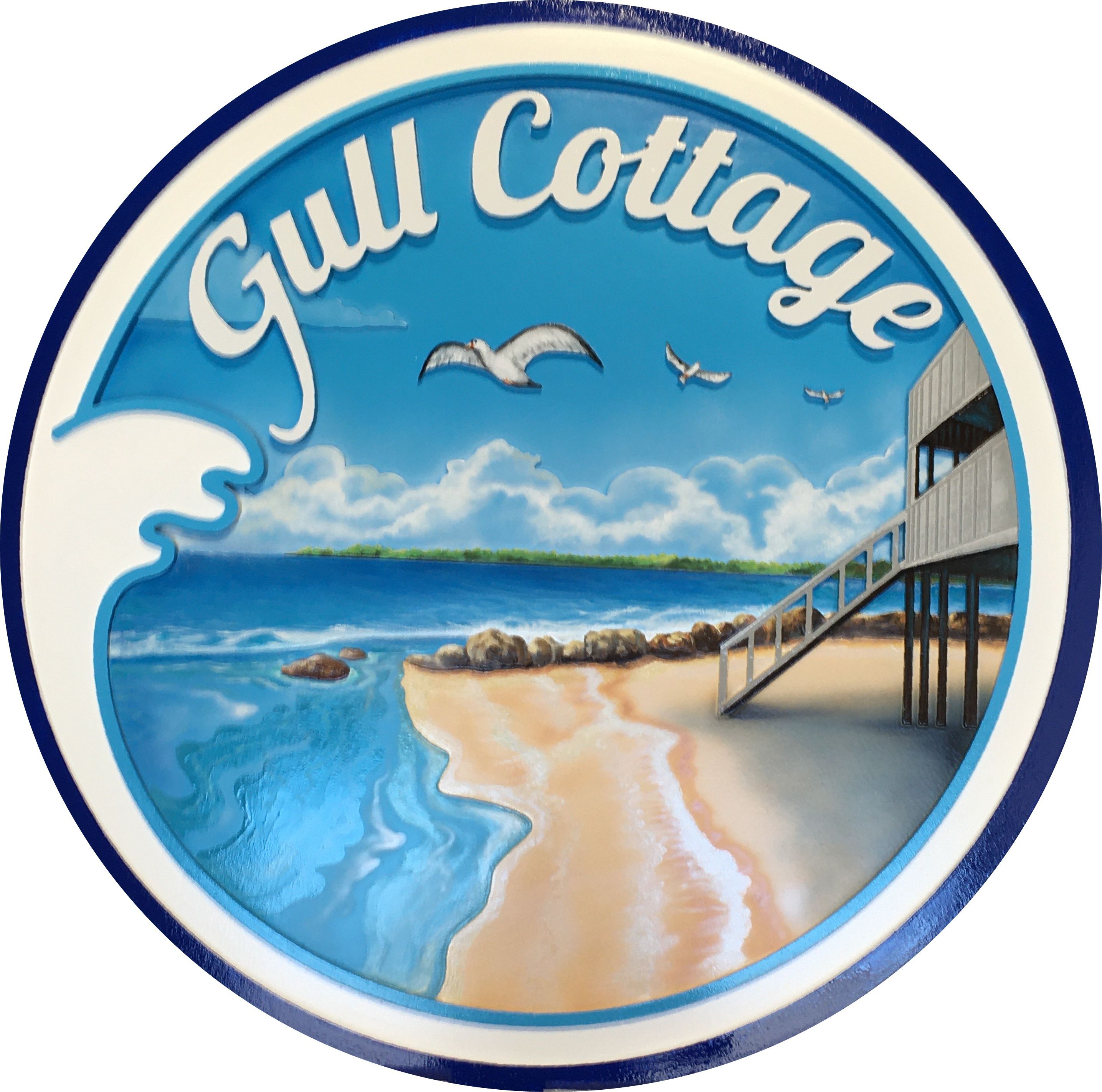 L21040 - Carved Artist-Painted HDU Seashore Property Name Sign "Gul Cottage', with  Beach , Cottage and Clouds as Artwork