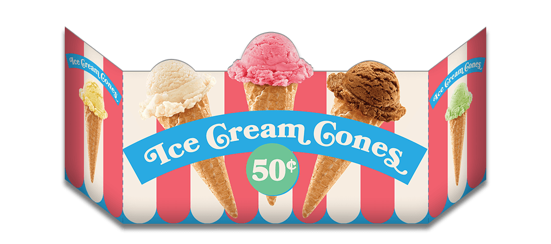 Cardboard grocery aisle end cap with custom die-cut ice cream cone shapes
