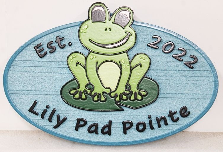 M22431A - Carved 2.5-D HDU Property Name  Sign "Lilly Pad Pointe", with a Cartoon Frog on a Lily Pad as Artwork _
