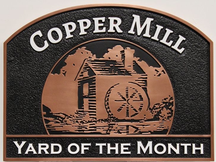 KA20942 - Carved Copper-Plated HDU Yard-of-the-Month Sign for the "Copper Mill" HOA, with an Old Mill as Artwork