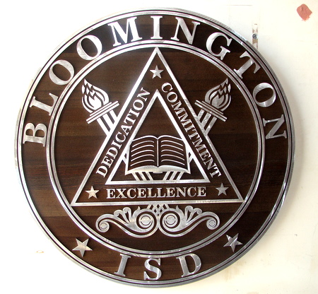 WP5305- Seal of Bloomington School District, Dark Stained Cedar with Aluminum Cladding