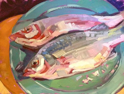 Fish on a Teal Plate, oil on panel, 9" x 12"
