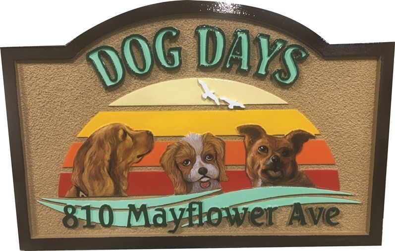 L21090A - Carved 2.5-D Multi-level Raised Relief HDU  Coastal Residence Address and Property Name  Sign, "Dog Days",  with  the Faces of Three Dogs as Artwork 