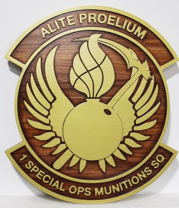 LP-2825  - Carved 2.5-D Multi-Level Raised Relief Mahogany Plaque of the Crest of the 1 Special Ops Munition Squadron