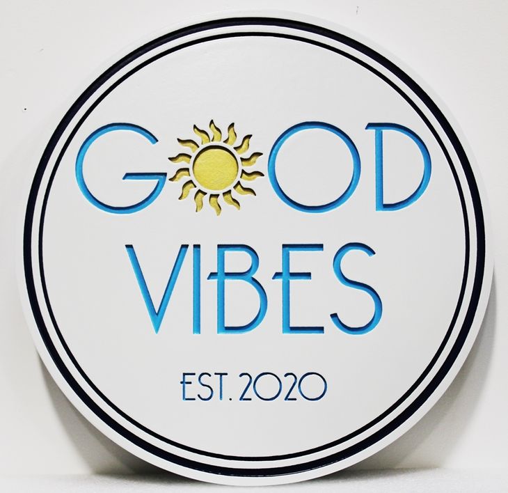 I18811 - Engraved  High-Density-Urethane (HDU)  Property Name Sign  "Good Vibes"., with Stylized Sun as Artwork