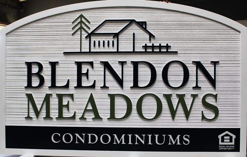 K20560 - Carved High-Density-Urethane (HDU)  Entrance Sign for the "Blendon Meadows Condominiums"  , with a Stylized House as Artwork