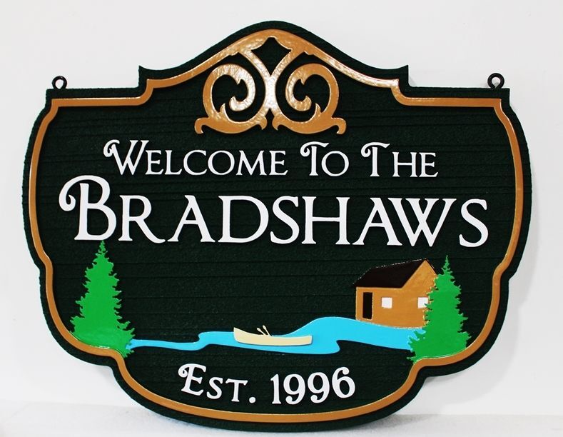 M22377A - Carved 2.5-D  HDU Sign "_Welcome to the Bradshaws", featuring a Stylized Cabin, a River, a Canoe and Pine Trees