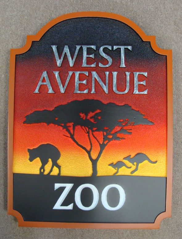 GA16488 - Carved HDU Sign for Zoo with  Kangaroos,  Tree and Hyena