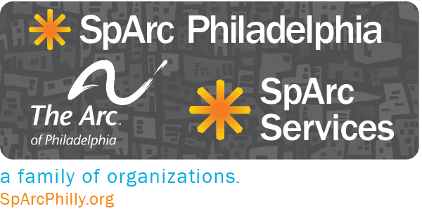 Three organizations logos; SpArc Philadelphia, The Arc of Philadelphia and SpArc Services on a geometric gray background