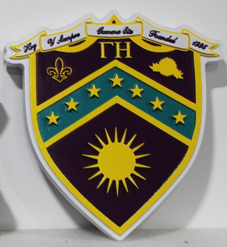 XP-3525 - Carved 2.5-D Raised Relief HDU Plaque of the Coat-of-Arms for Gamma Eta  Fraternity with a Shield 