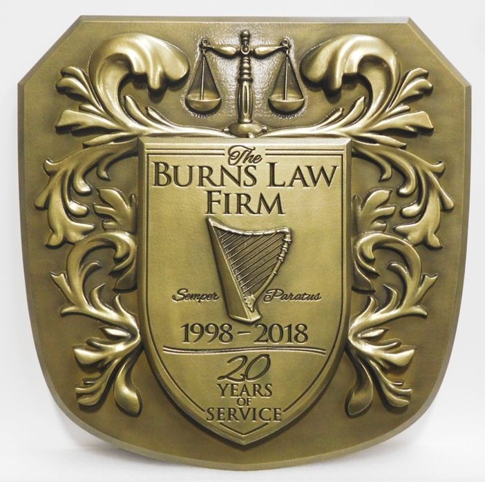 HP-1597- Carved Plaque of a Coat-of-Arms for a Law Firm, Brass Plated