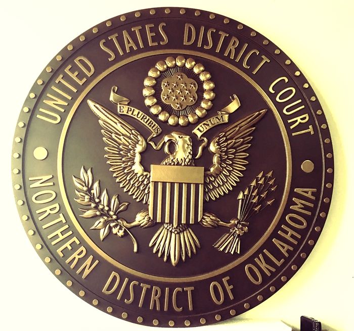 FP-1170 - Carved Plaque of the Seal  of the US District Court, Southern District of Oklahoma,  3-D Bronze-Plated