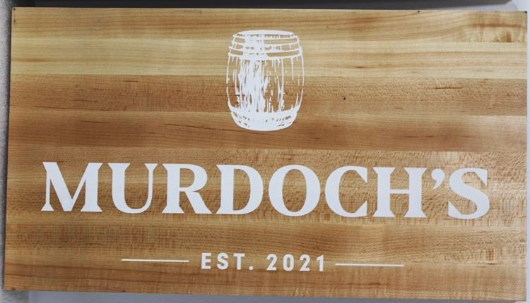 RB27646 - Engraved Western Red Cedar Wood Sign for  Murdoch's Drinking Establishment, with a Keg of Beer as Artwork