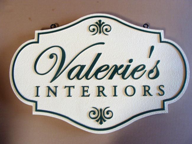 SA28404 - Ornate Sign for "Valeries Interiors", an Interior Decorating Shop, with Fleur-de-Lis