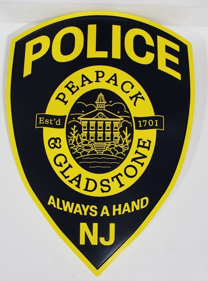 PP-2472- Carved 2.5-D Multi-Level Plaque of the Shoulder Patch of the Police Department  of Peapack and Gladstone, New Jersey 