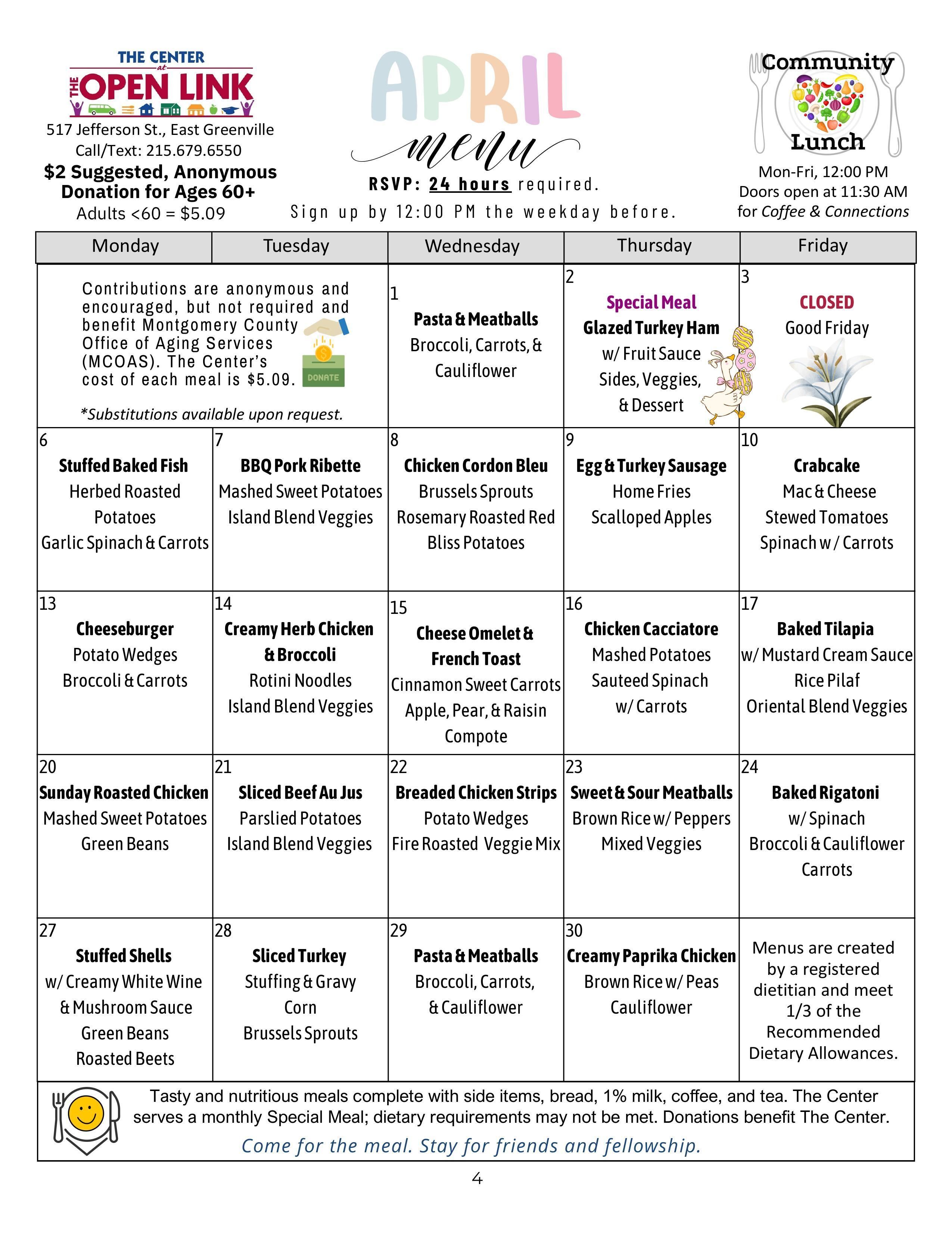 April 2026 Center Menu