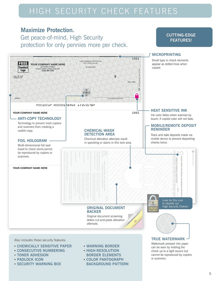 High Secutity Sample bank check diagram with cutting edge security features in secure document printing for checks.