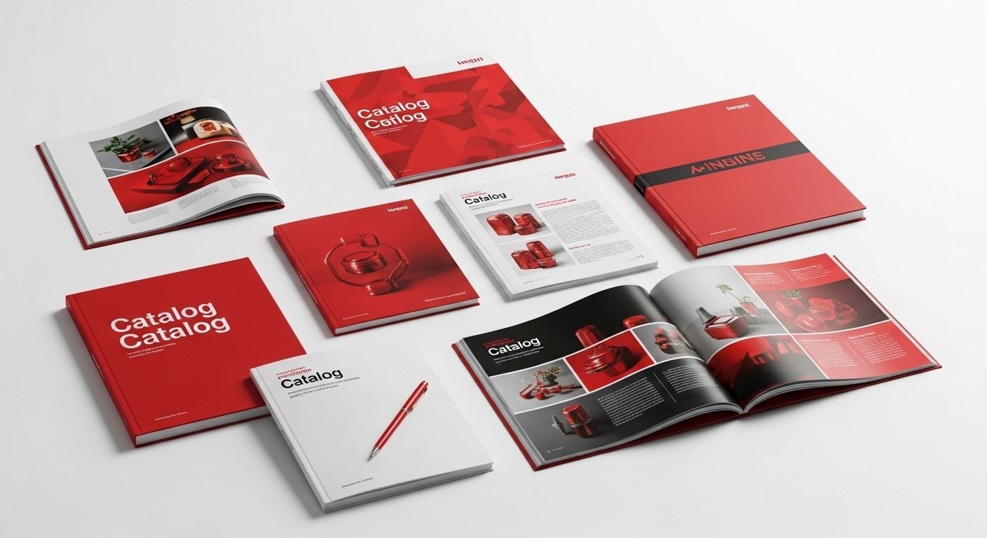 High-quality product catalog printing in Bellevue and Seattle with crisp pages and vibrant red-accented design.