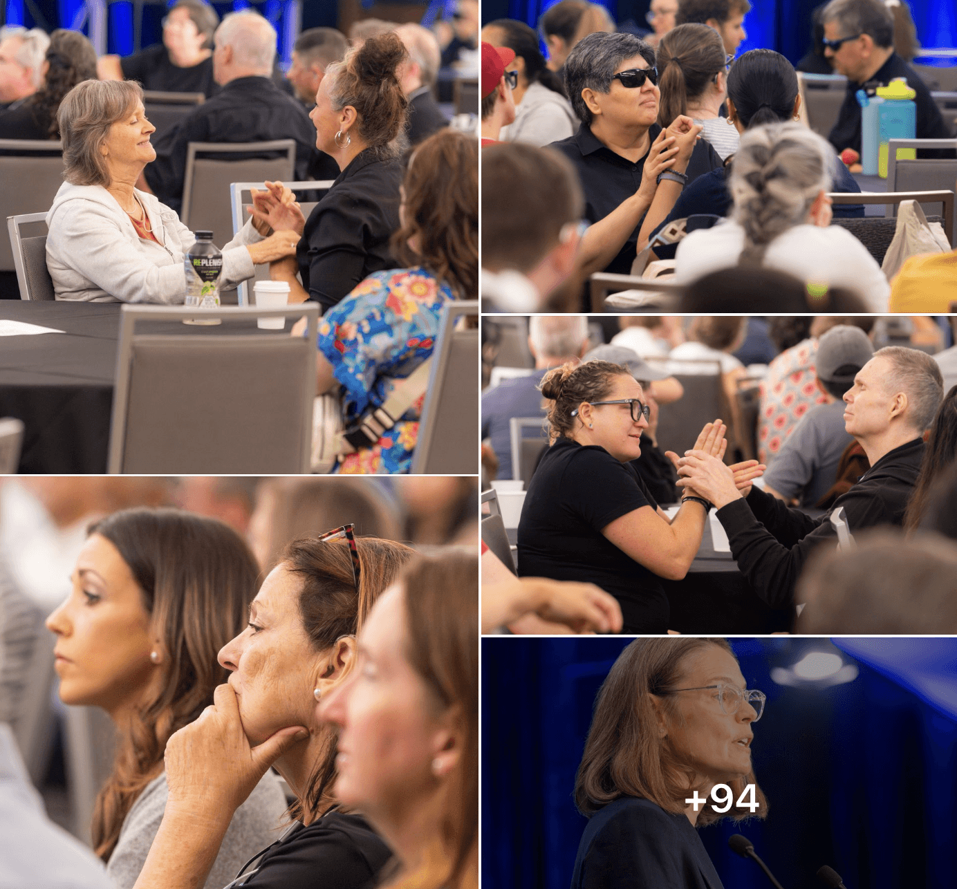 A collage of photos in a Facebook album from the USH2024 Connections Conference showing multiple attendees communicating through tactile sign language and listening to presentations