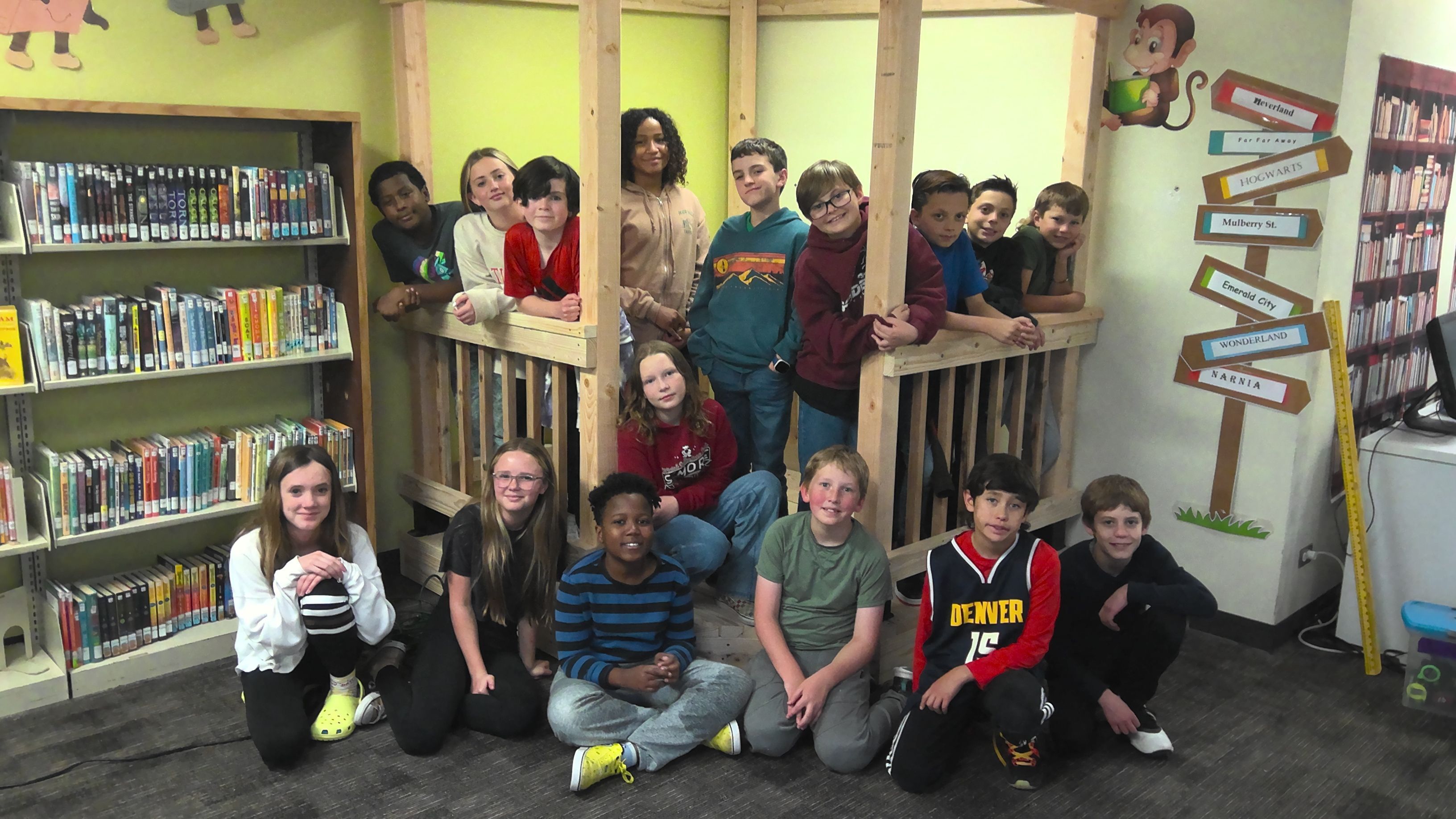 Fifth-grade students at Trails West build library reading nook