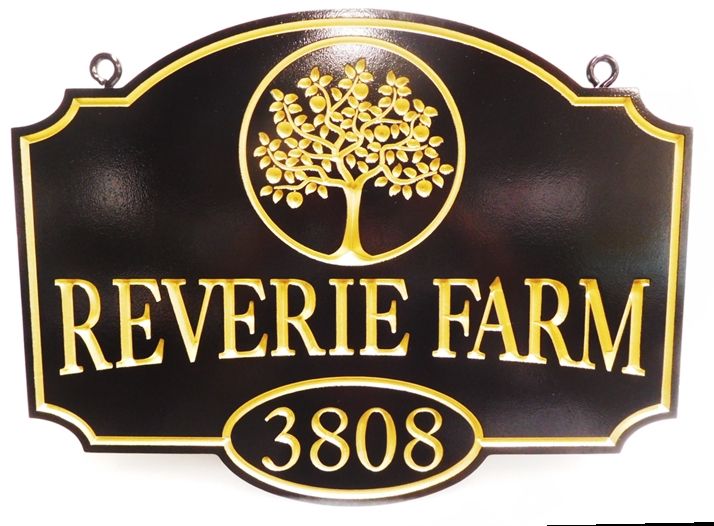 O24855 - Carved HDU Entrance and Address Number Sign for Reverie Farm,  Engraved and Gold-Leaf Gilded Text, Border and Oak Tree Art