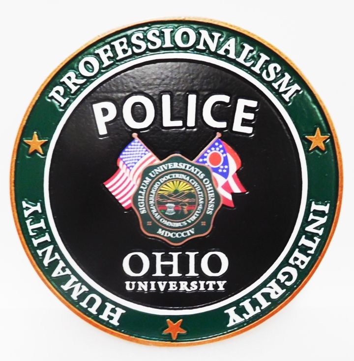 PP-3109- Carved Plaque of the Seal of the Police Department of Ohio University,  2.5-D Artist-Painted