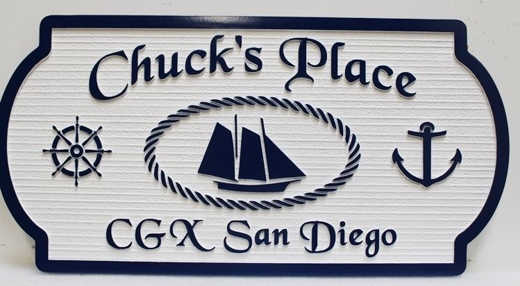 L21767 - Carved and Sandblasted  Sign for "Chuck's Place", with Schooner, Ship's Anchor and Shop's Wheel as Artwork 