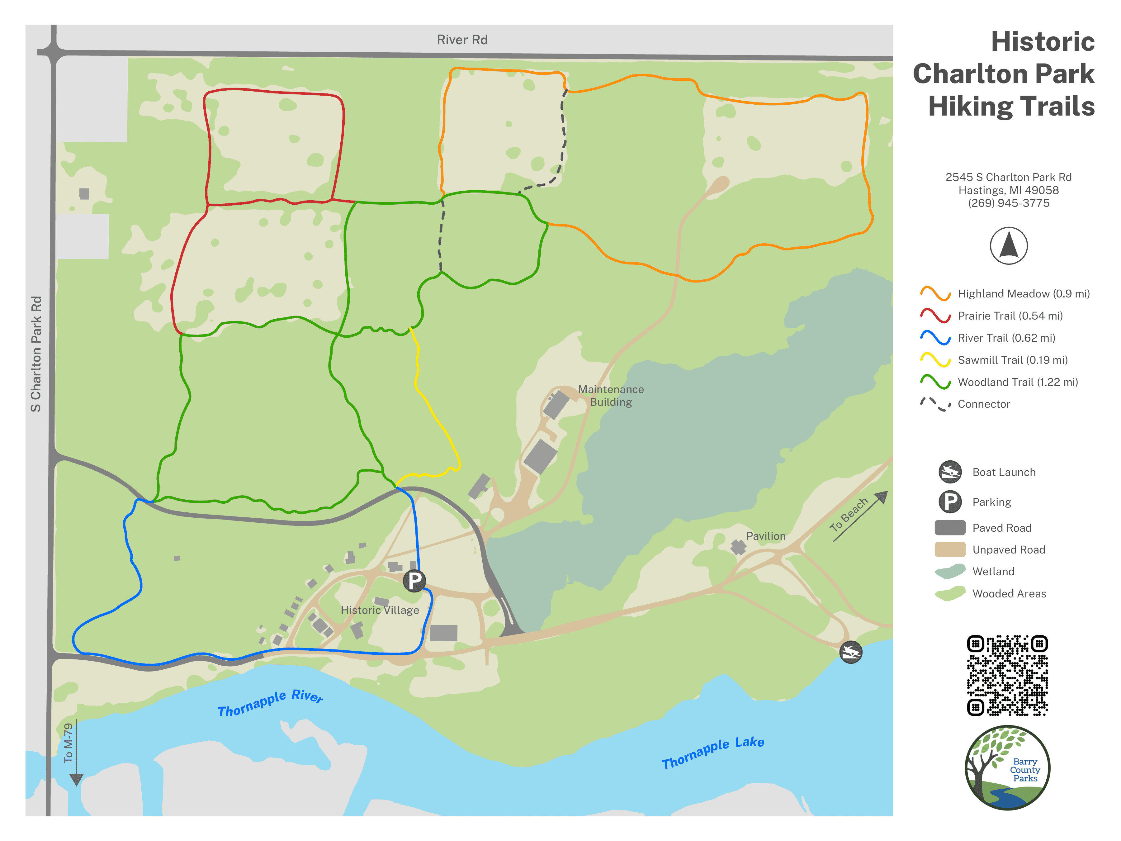 Historic Charlton Park Trail Map with trails marked in different colors. 