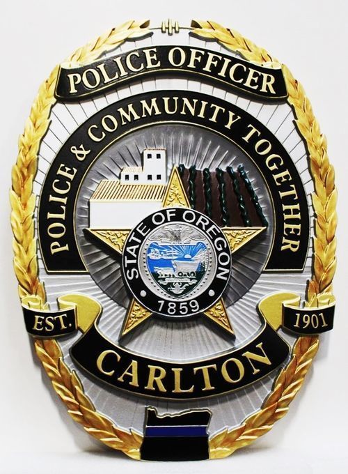 PP-1375 - Carved Plaque of the Police Badge of the City of Carlton, Oregon, 3-D Arist-Painted with Gold Leaf 