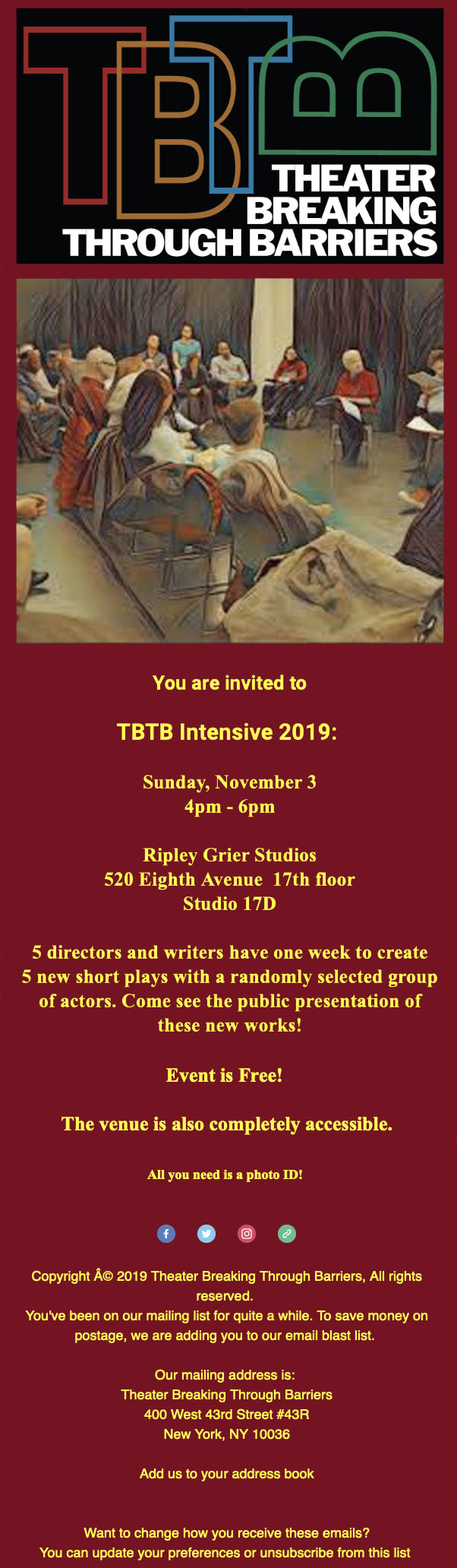 An invitation of the TBTB's Playmaker Intensive 2019 workshop.